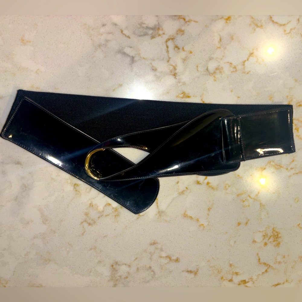 Vintage Ralph Lauren Black Patent Leather Belt with Gold Buckle